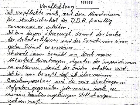 Auszug aus der Verpflichtungserklärung Hechts für die Zusammenarbeit mit der Stasi